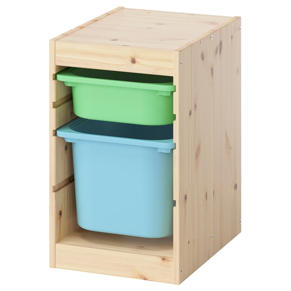 TROFAST Combinaison structure + bacs, pin teinté blanc clair vert clair/bleu clair, 32x44x52 cm