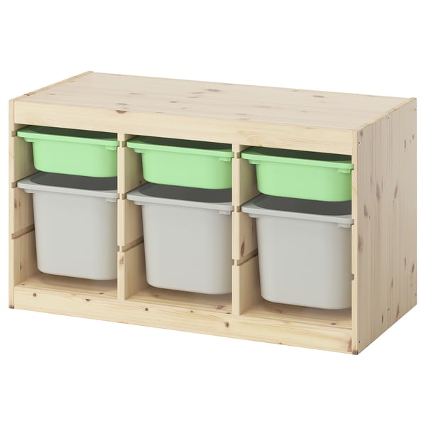 TROFAST Combinaison structure + bacs, pin teinté blanc clair vert clair/gris, 93x44x52 cm