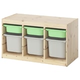 TROFAST Combinaison structure + bacs, pin teinté blanc clair vert clair/gris, 93x44x52 cm