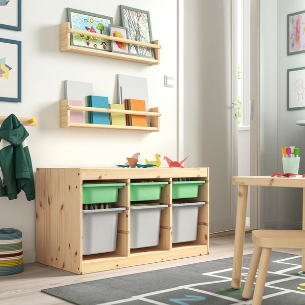 TROFAST Combinaison structure + bacs, pin teinté blanc clair vert clair/gris, 93x44x52 cm