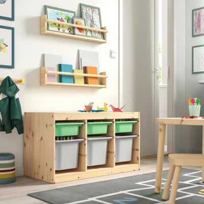 TROFAST Combinaison structure + bacs, pin teinté blanc clair vert clair/gris, 93x44x52 cm