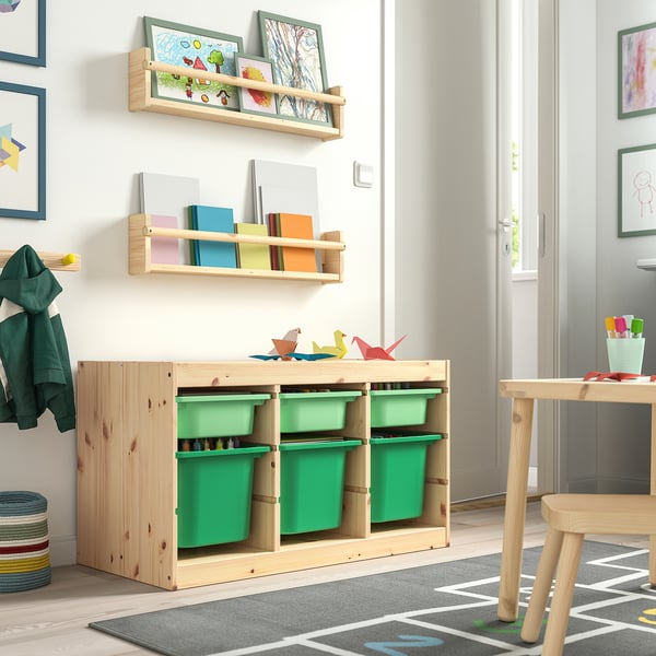 TROFAST Combinaison structure + bacs, pin teinté blanc clair vert clair/vert vif, 93x44x52 cm