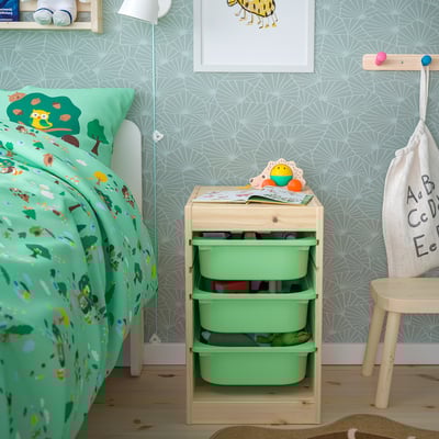 TROFAST Combinaison structure + bacs, pin teinté blanc clair/vert clair, 32x44x52 cm