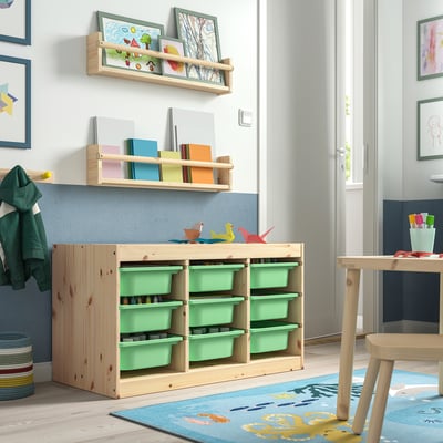 TROFAST Combinaison structure + bacs, pin teinté blanc clair/vert clair, 93x44x52 cm