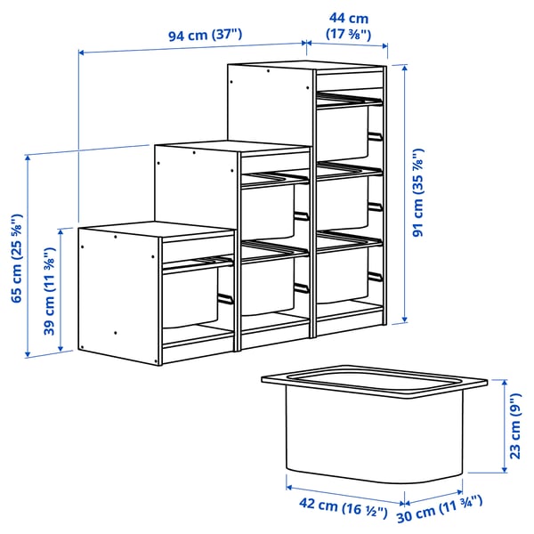 TROFAST Combinaison structure + bacs, pin teinté blanc clair/vert vif, 94x44x91 cm