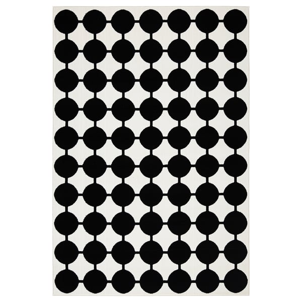 VÄNDPLATS Tapis, poils ras, blanc/noir à pois, 133x195 cm