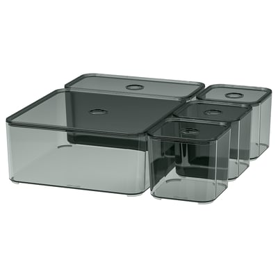 VISSLAÅN Boîte avec couvercle, lot de 5, gris