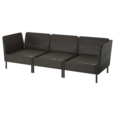 VITTSKÄR Canapé modulable 3 places, accoudoirs extérieur/plastique imitation rotin gris foncé