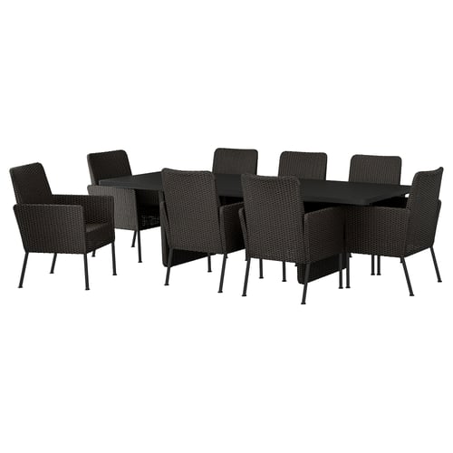 VITTSKÄR Table et 8 chaises, extérieur rotin en plastique gris foncé, 264x96 cm