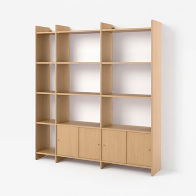 LÅDMAKARE Storage combination w sliding doors, with 11 shelves/oak effect, 198x35x212 cm