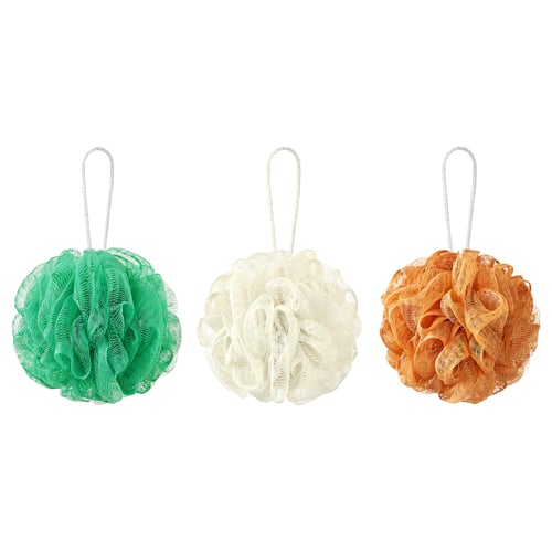 Three colourful mesh shower puffs, green, white, and orange, each with a hanging loop, displayed side by side.