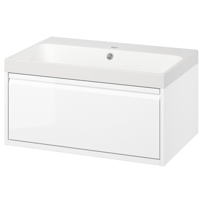 ÄNGSJÖN white vanity, sleek modern design, single drawer, wall-mount, marble sink.