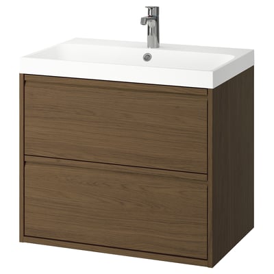Modern wooden bathroom vanity, walnut tone, wall-mounted with two drawers, white ceramic sink, sleek handles.
