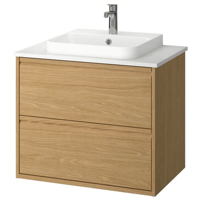 Modern light oak bathroom vanity with drawers. White square basin, sleek design.