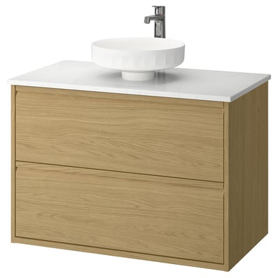 Modern wooden vanity with marble top, round basin, chrome tap. Oak finish, wall-mounted, minimalist design.
