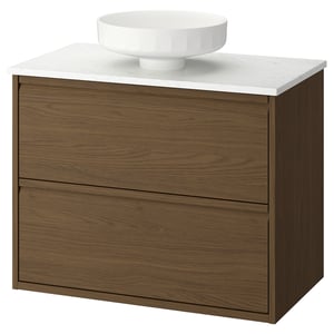 Modern brown oak vanity, white marble top, round bowl sink, minimalist handles.