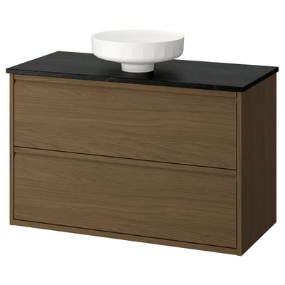 Modern bathroom vanity, ÄNGSJÖN, with two drawers, black countertop, round white basin, oak finish.