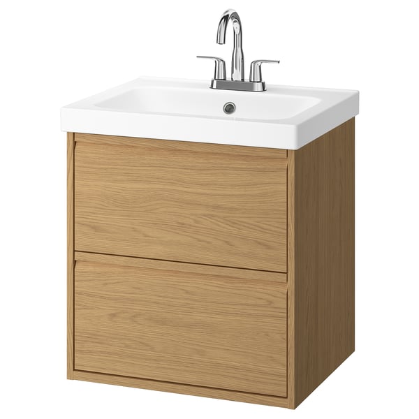 Modern oak vanity with two drawers and white basin. Wall-mount design, minimalist style.