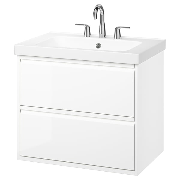 White ÄNGSJÖN vanity, modern design, two drawers, chrome fixtures.