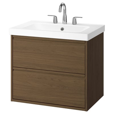 Modern wooden bathroom vanity, light brown, wall-mounted with two drawers, square white ceramic sink, chrome tap.