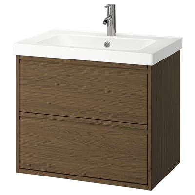 ÄNGSJÖN vanity: wall-mounted, brown oak, minimalist design, 2 drawers, white ceramic sink.