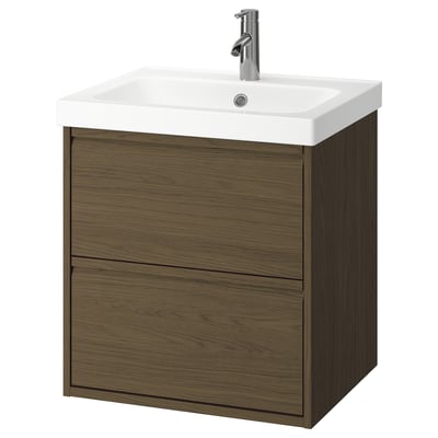 ÄNGSJÖN wooden vanity, oak finish, white basin, wall-mount, minimalist handles.