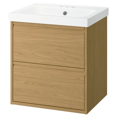 ÄNGSJÖN bathroom vanity: light oak, 2 drawers, white basin, wall-mount.