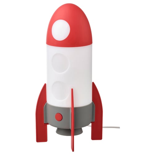 AFTONSPARV rocket lamp, red & white, plastic, cylindrical, kid-friendly, multi-color, space-themed.