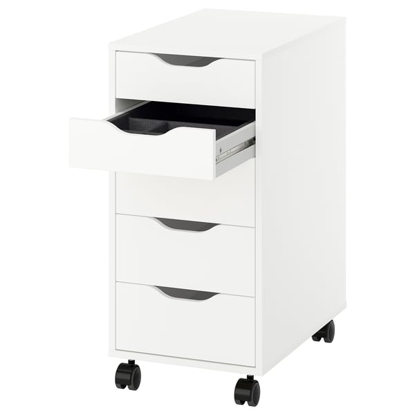 White ALEX filing cabinet, 4 drawers, black wheels.