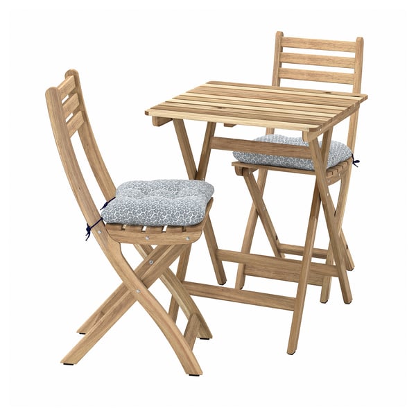 ASKHOLMEN Table+2 folding chairs, outdoor, acacia/Klösan blue, 60x62 cm