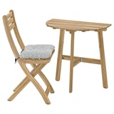 ASKHOLMEN Table for wall+1 fold chr, outdoor, acacia/Klösan blue, 70x44 cm