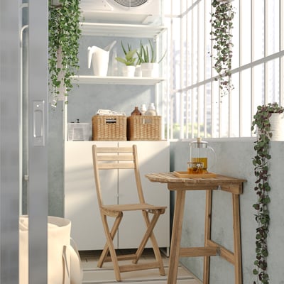 ASKHOLMEN Table for wall+1 fold chr, outdoor, acacia, 70x44 cm