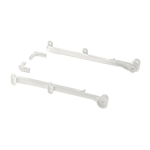 The AURDAL storage systems metal parts, white, steel, including brackets and rods, laid out separately.