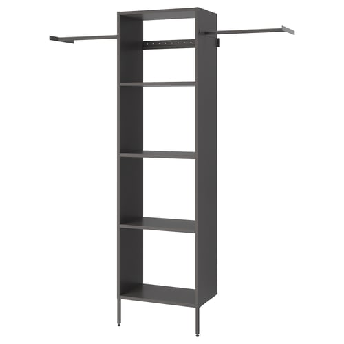 Modern grey AURDAL storage unit: 4 shelves, hanging rod, metal & wood, slim rectangular design.
