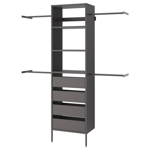 Modern AURDAL closet system in grey with shelves, drawers and extendable rails for efficient storage.