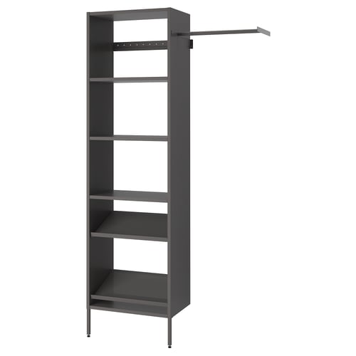 An AURDAL grey storage unit. It has shelves and a hanging rod for closet organisation.