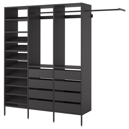 Modern black modular wardrobe with shelves, drawers, and hanging rail. Customizable, sleek design for efficient storage.