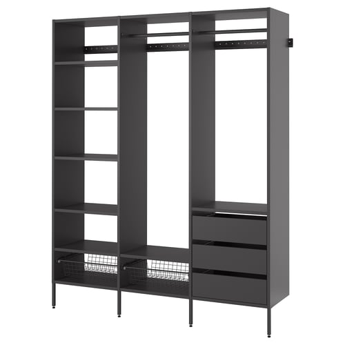 Modern black closet organiser with shelves and drawers, ideal for small spaces.
