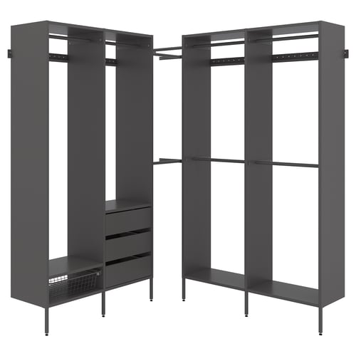 Modern dark grey AURDAL closet organiser with shelves, drawers, and hanging rods.