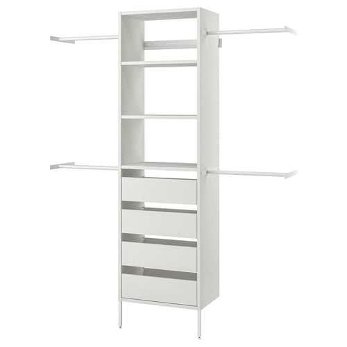 White AURDAL closet unit: adjustable shelves & rails, mix of open & drawer storage, sturdy metal & particleboard design.