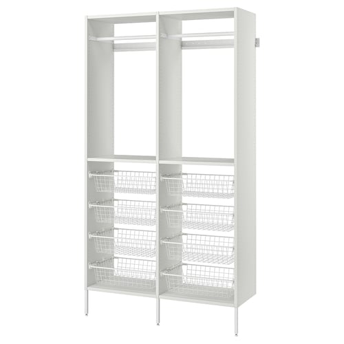 White AURDAL closet organiser with multiple shelves and wire baskets for storage.