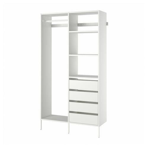 AURDAL white closet system: 3 shelves, 4 drawers, metal frame.