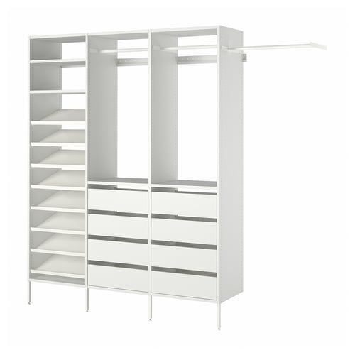 White modular storage unit, featuring shelves, hanging rods, and drawers, perfect for organising clothes and shoes, with a sleek and modern design.