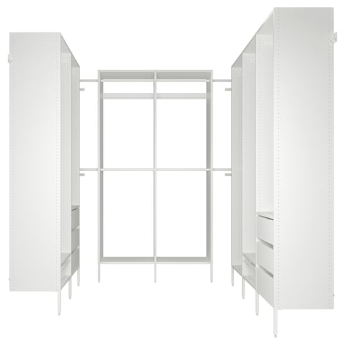 Depicts a white AURDAL storage system with shelves and hanging rails for closet organisation.