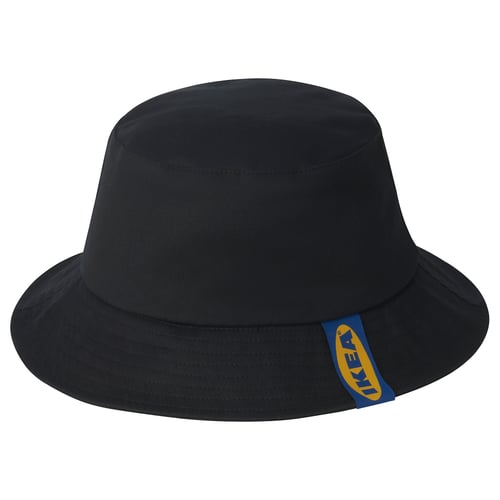 Black bucket hat with blue ikea tag. Soft cotton material, wide brim, simple design.