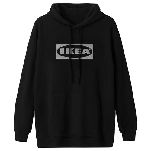 Black hoodie with ikea logo print, 100% cotton, relaxed fit, drawstring hood.