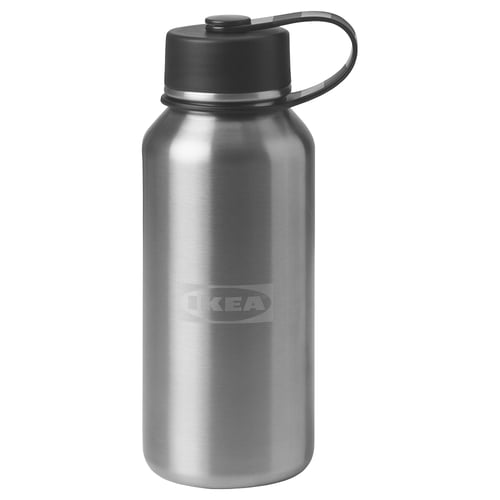 IKEA AURTIENDE silver insulated bottle with black cap.
