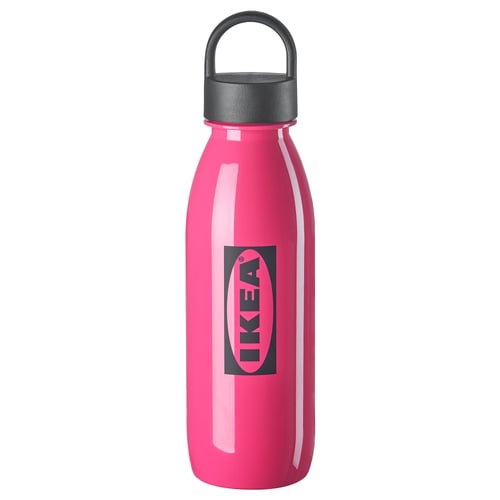 Bright pink IKEA AURTIENDE bottle with black lid, smooth surface, and loop handle.