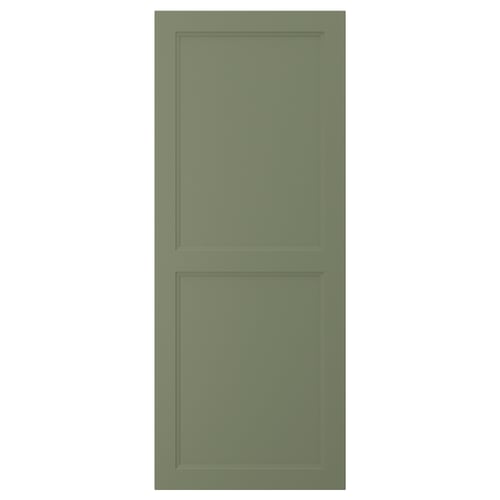 Green kitchen cabinet door, matte, fiberboard with melamine & recycled plastic.