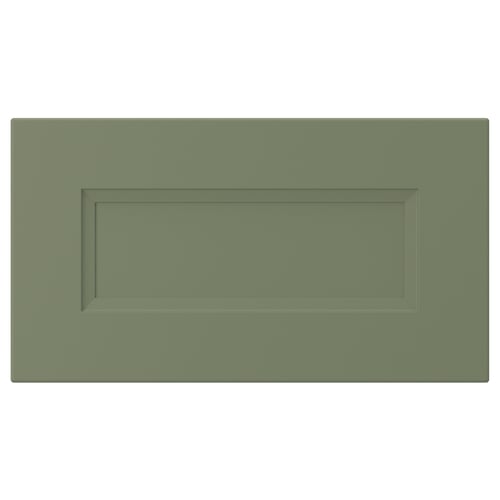 A green rectangular cabinet door with a recessed panel design.